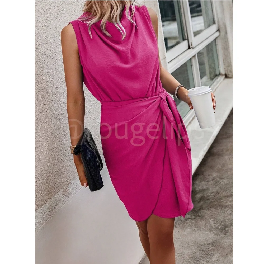 Hot Pink Crinkle Mini Dress Draped Neck Wrap Overlapping Side Tie Skirt - Picture 3 of 6